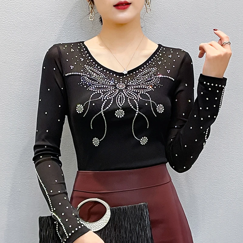 

2026 Spring New V-neck Women Mesh Tops New Korean Fashion Hot Diamond T Shirt Slim Fit Long Sleeve Casual Shirt