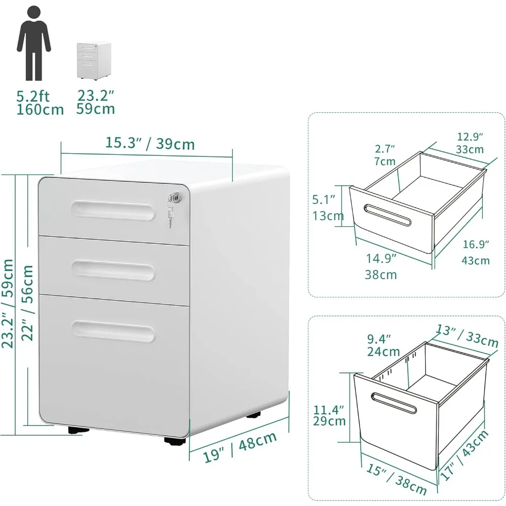 Metal Mobile File Cabinet com fechadura, armário de arquivo, Under Desk Fits Tamanho Legal, totalmente montado, 3-Drawer Rolling