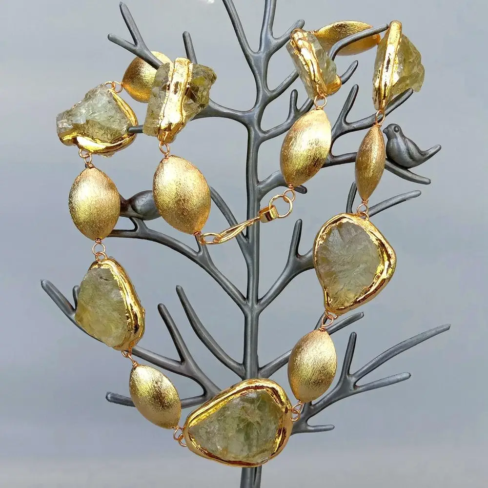 YYGEM Natural 28x35mm Lemon Quartz Rough Raw Necklace 19x25mm Gold Plated Brushed Bead Yellow Gemstone Semi Precious
