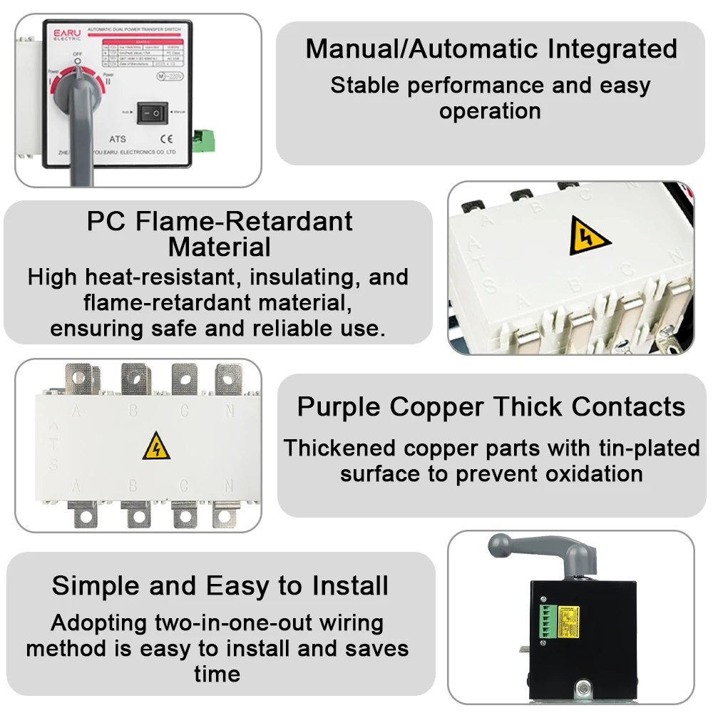 4P 250A AC400V ATS PC مفتاح نقل تلقائي مفتاح كهربائي محدد تلقائي أو يدوي 2 مدخل 1 مخرج طاقة غير منقطعة #4