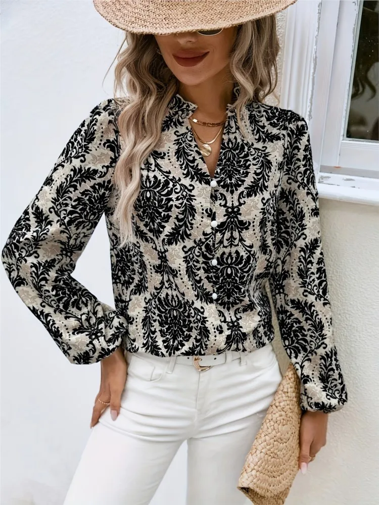 Moda Vintage Print Bluzka Top Kobiety 2024 Wiosna Jesień Casual V-neck Długi rękaw Guziki Koszule Topy Biuro Lady Party Top