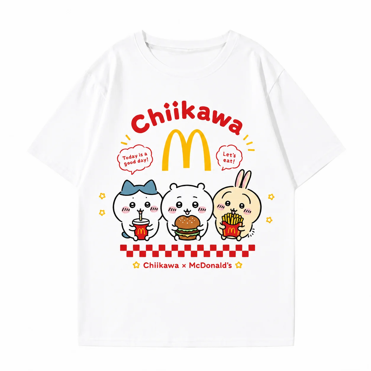 Übergroße weiße Oberteile für Männer und Frauen Chiikawa Group Grafik-T-Shirt Niedliches japanisches Maskottchen-Design Locker geschnittene Sommer-Streetwear Anime – Detail 4