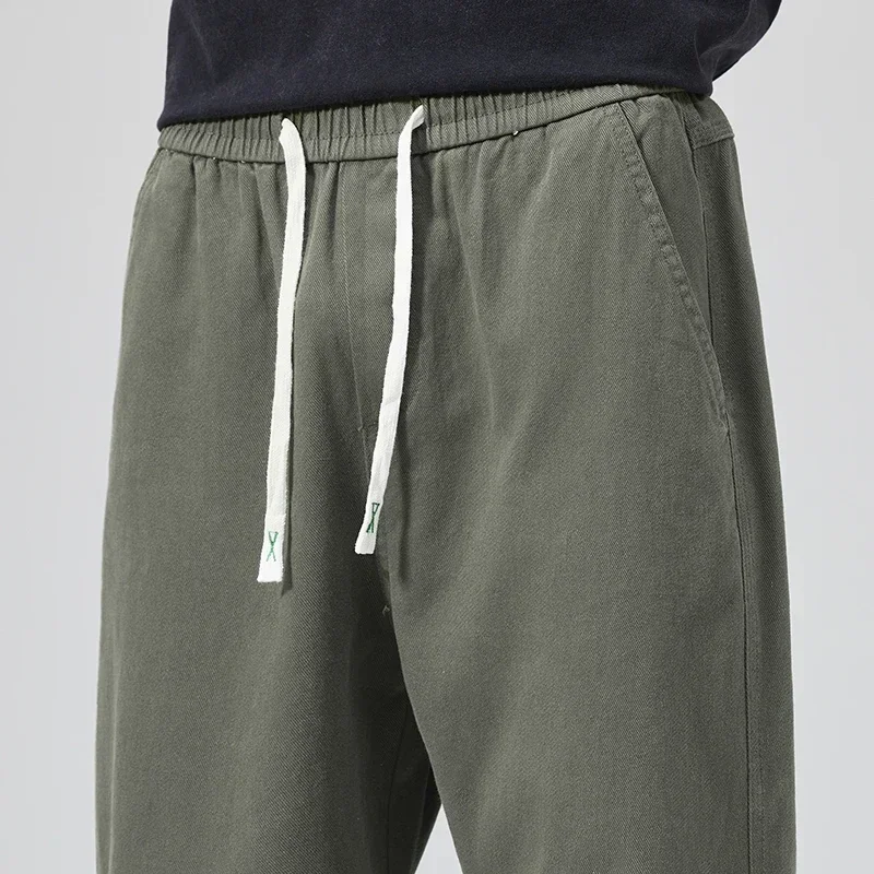 100% Cotton New Men's Elastic Waist Casual Wide Leg Pants Soft Cozy Breathable Drawstring Fashion Baggy Straight Trousers Male