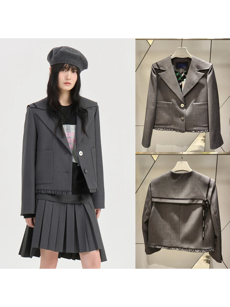 

Женское пальто MICOAT Sweet Cool Girl Feel 26 Spring Navy Collar с воротником-стойкой, свободного кроя, с длинными рукавами