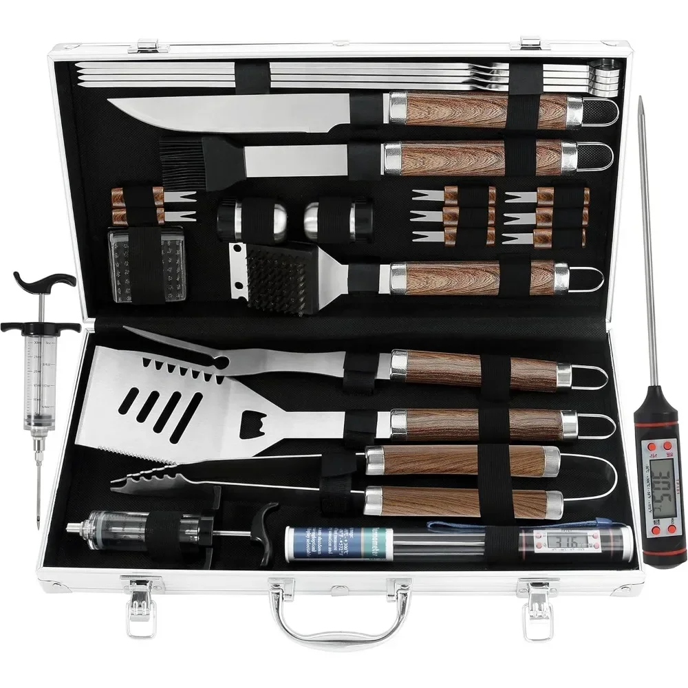 

d for grilljoy BBQ Grill Tools Set with Meat Thermometer and Injector - Extra Thick Stainless Steel Fork, Spatula& Tongs - Compl