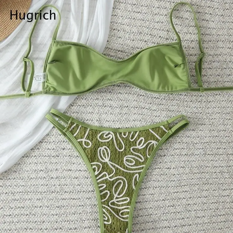 Women's Green Floral Embroidered Cut Out Bikini Set High Waist Brazilian Swimwear Two Piece Bathing Suit for Summer Beach