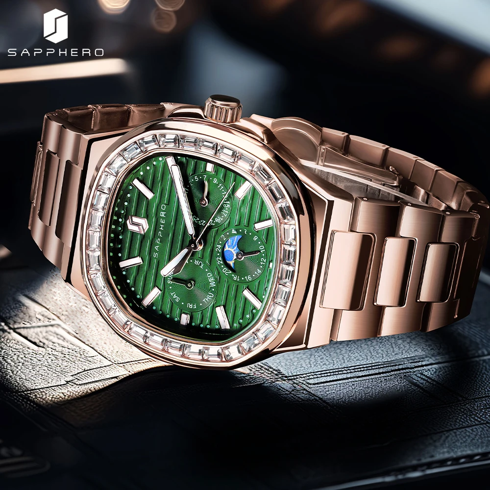 SAPPHERO 브랜드 남성용 럭셔리 스테인리스 스틸 사각 다이아몬드 쿼츠 시계, 30m 방수 발광 비즈니스 시계 