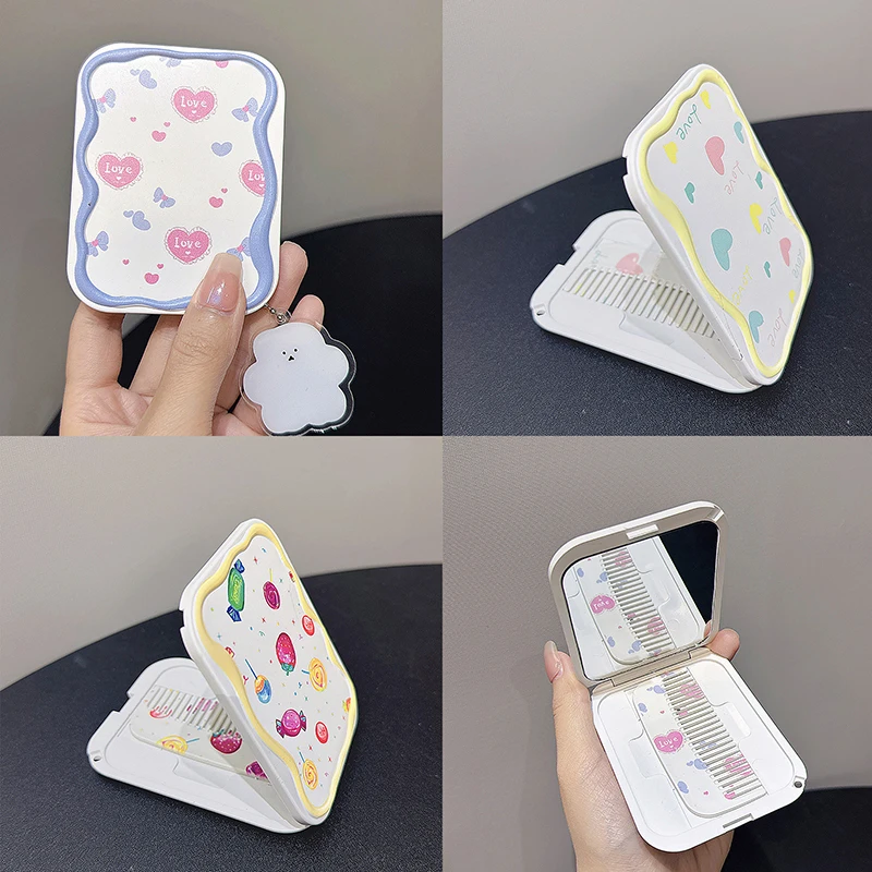 Arco dos desenhos animados amor coração espelho portátil pente conjunto dobrável criatividade estudante dos desenhos animados espelho e pente de cabelo presentes das meninas