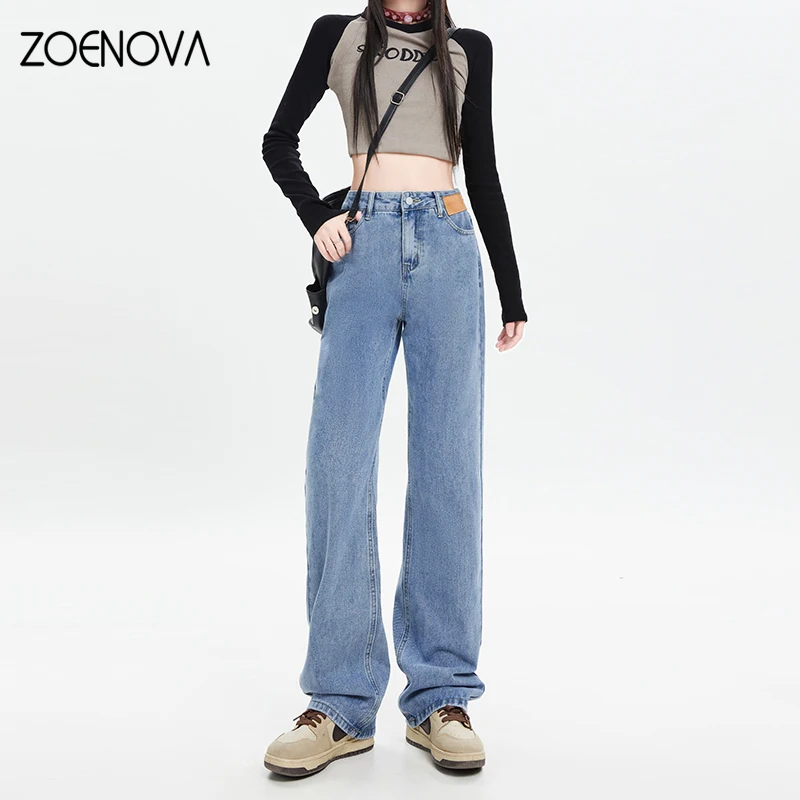 ZOENOVA Spring Korean Version Versatile Women\'s Jeans Street Cool Girl Straight Wide Leg Pants Retro High Waist Casual Trousers