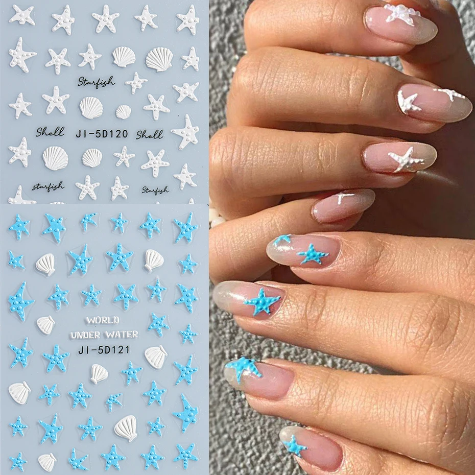 Summer Blue Starfish 5D Embossed Nails Stickers White Ocean Sea Shells Marine Starfishes Design Manicure Nail Art Decals LEJI-5D