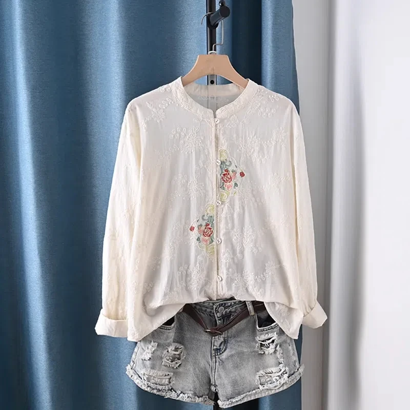 

Middle-aged women's clothes 100% cotton stand collar flower embroider shirts long sleeve blouses for women vintage clothes