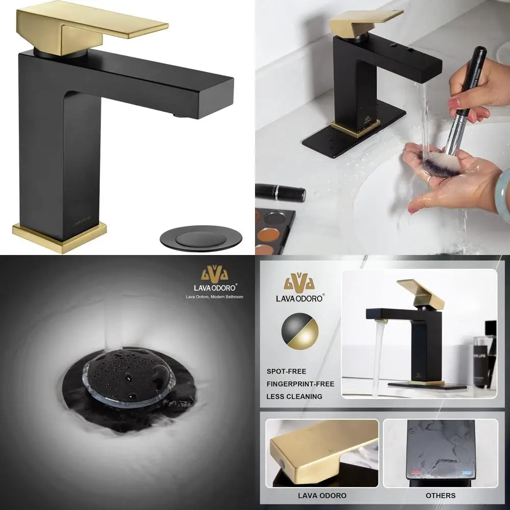 صنبور حوض الحمام النحاسي ذو الفتحة الواحدة باللونين الذهبي والأسود بمقبض واحد، يتضمن مجموعة الصرف ولوحة سطح السفينة، موديل BF307-GB #1