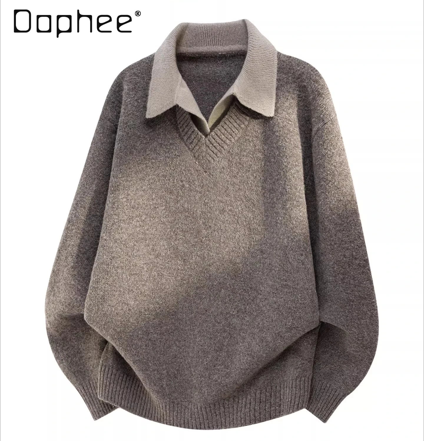 

Japanese Style Simple Turn-Down Collar Gray Fake Two-Piece Sweater for Men Autumn Winter New Casual Versatile Brown Knitwear