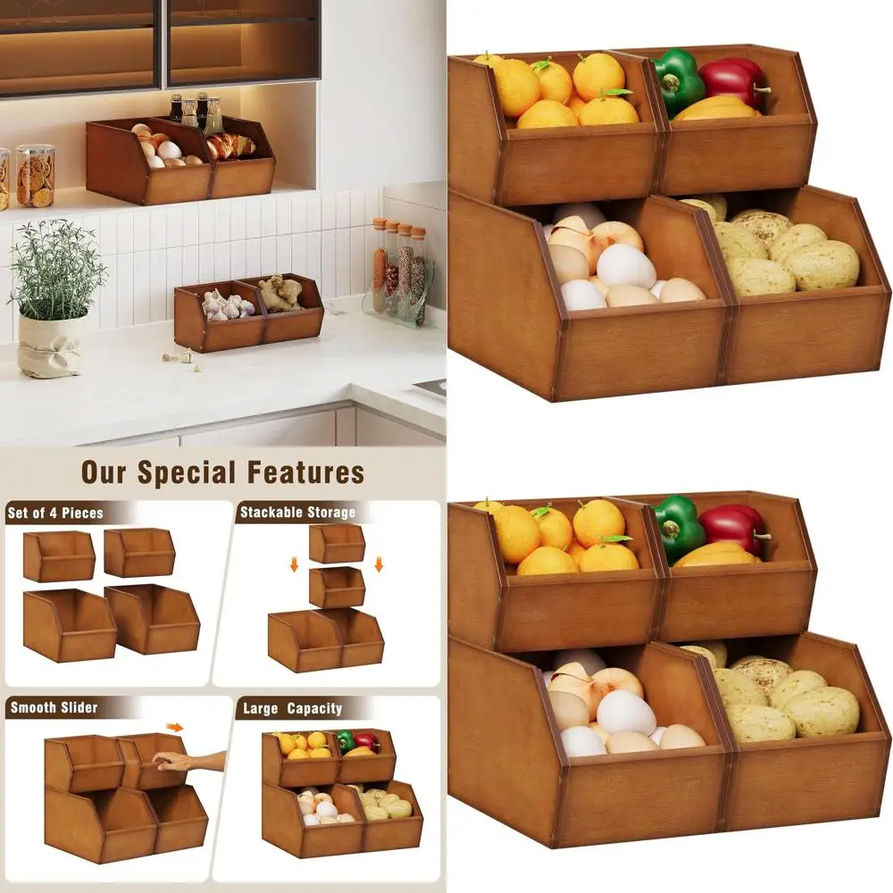 

Stackable Bamboo Kitchen Storage Bins for Potatoes, Onions, Fruits, and Vegetables, Wood Countertop Organizer