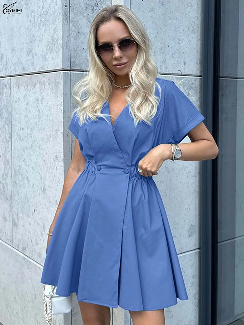 

Oymimi Fashion Blue V-Neck Dresses 2025 Woman Summer Short Sleeve Button High Waisted Dresses Casual Pleated Mini Dress Female