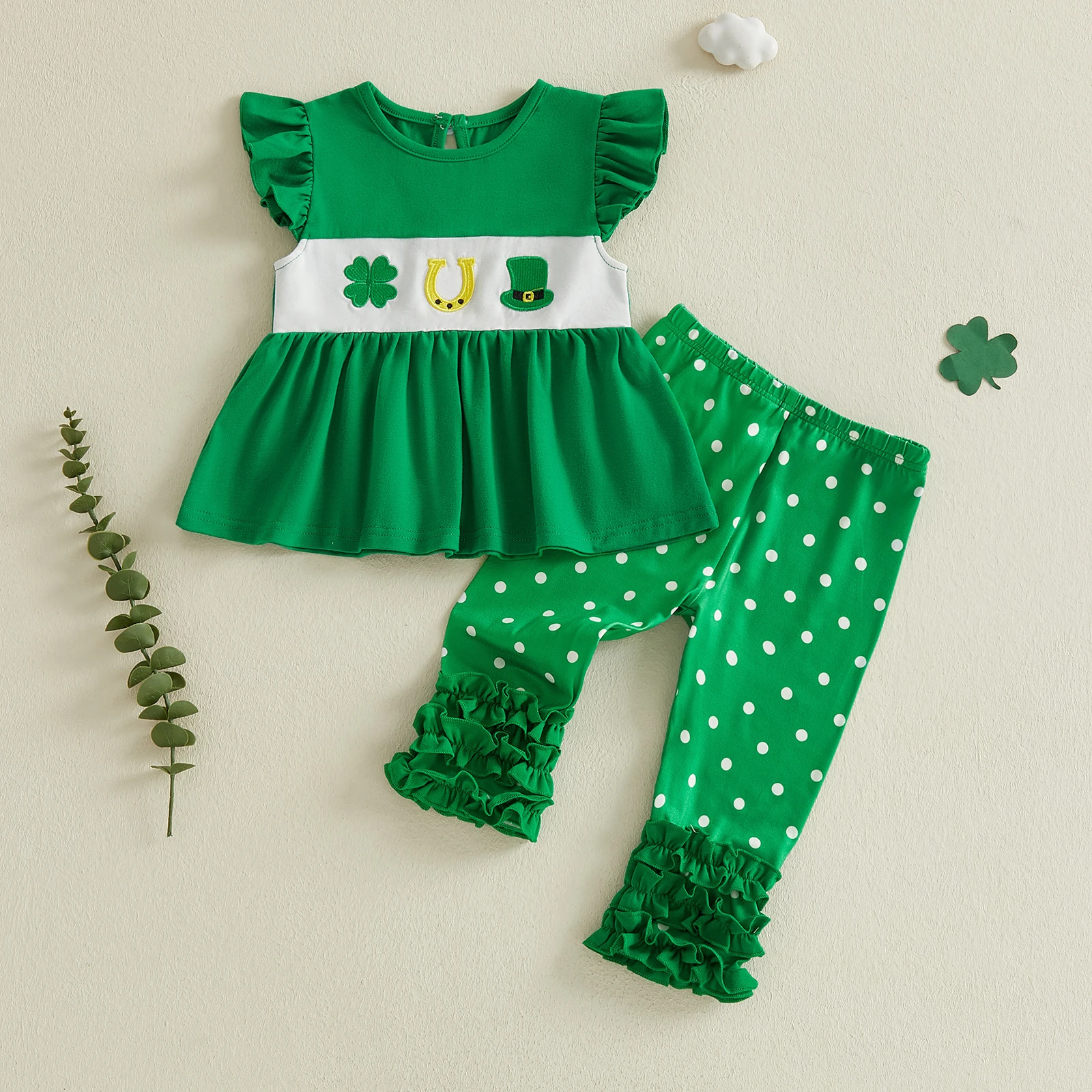 Toddler Girls St. Patrick's Day Set Fly Sleeve Crew Neck Embroidery Tank Top with Dots Print Pants Girls Outfit Set