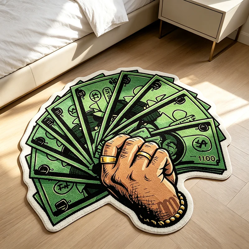 Trendy Fist Holding Cash Irregular Shaped Rug American Street Wealth‑themed Floor Mat Creative Bedroom Bedside Plush Carpet