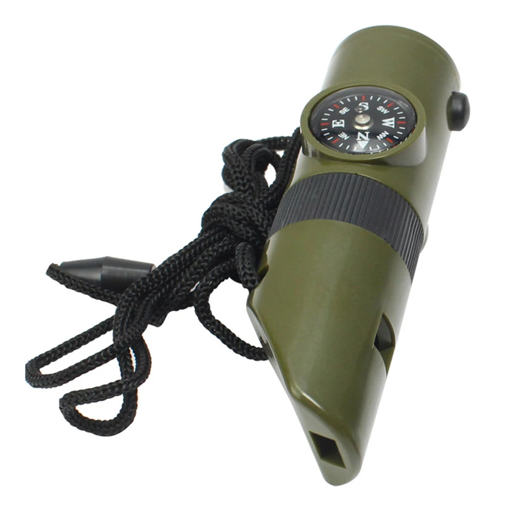 7 In 1 Multi-functional Whistle Trekking Thermometer Compass Magnifier Torch Mirror Led Light Outdoor Camping Survival Whistle