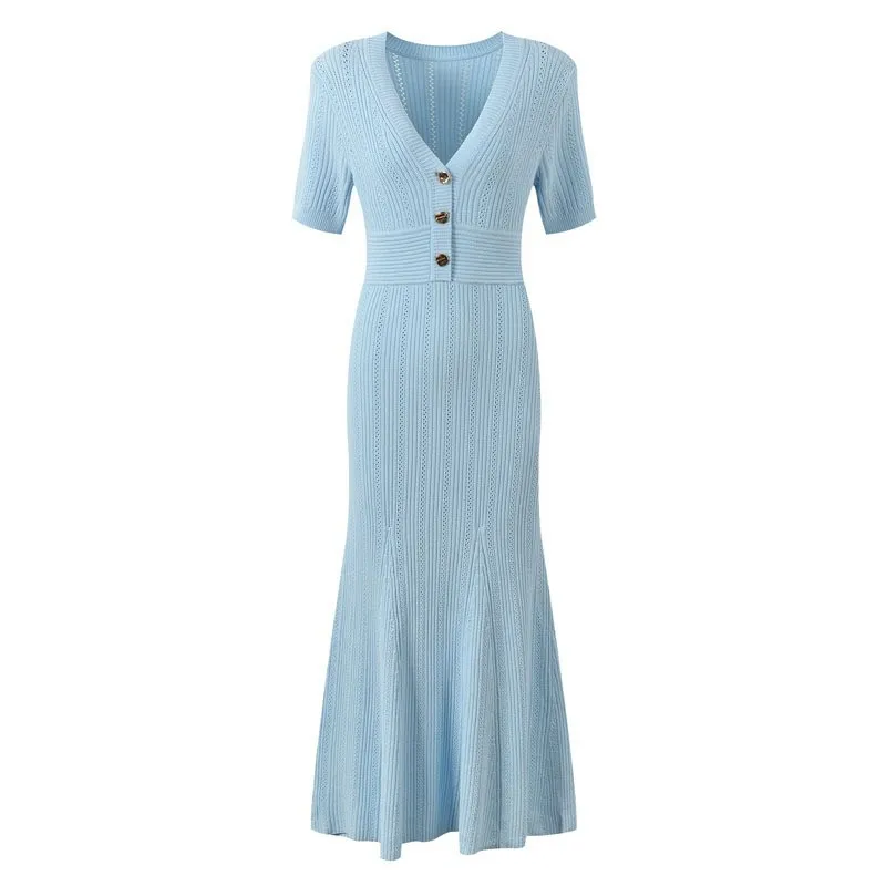 Summer Spring New French Elegant High-end Contrast Single Breasted Slim Knitted Mermaid Dress Fish Tail Knit Dress Lady Knitwear