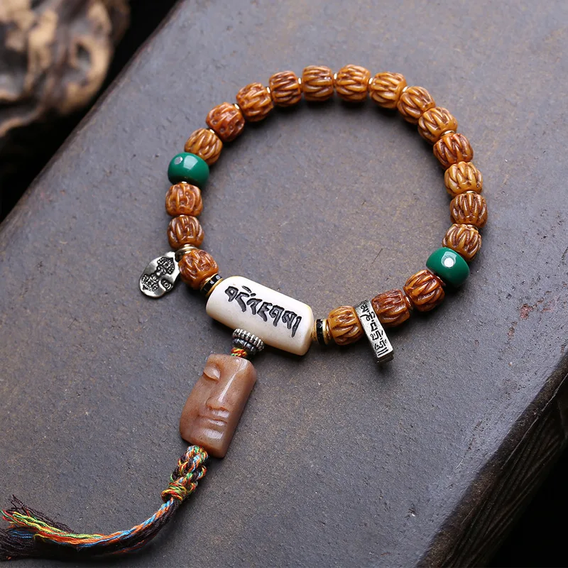 Men'S Single-Loop Bracelet Yak Bone And Six-Character Mantra, With A Three-Way Buddha Charm As An Accessory
