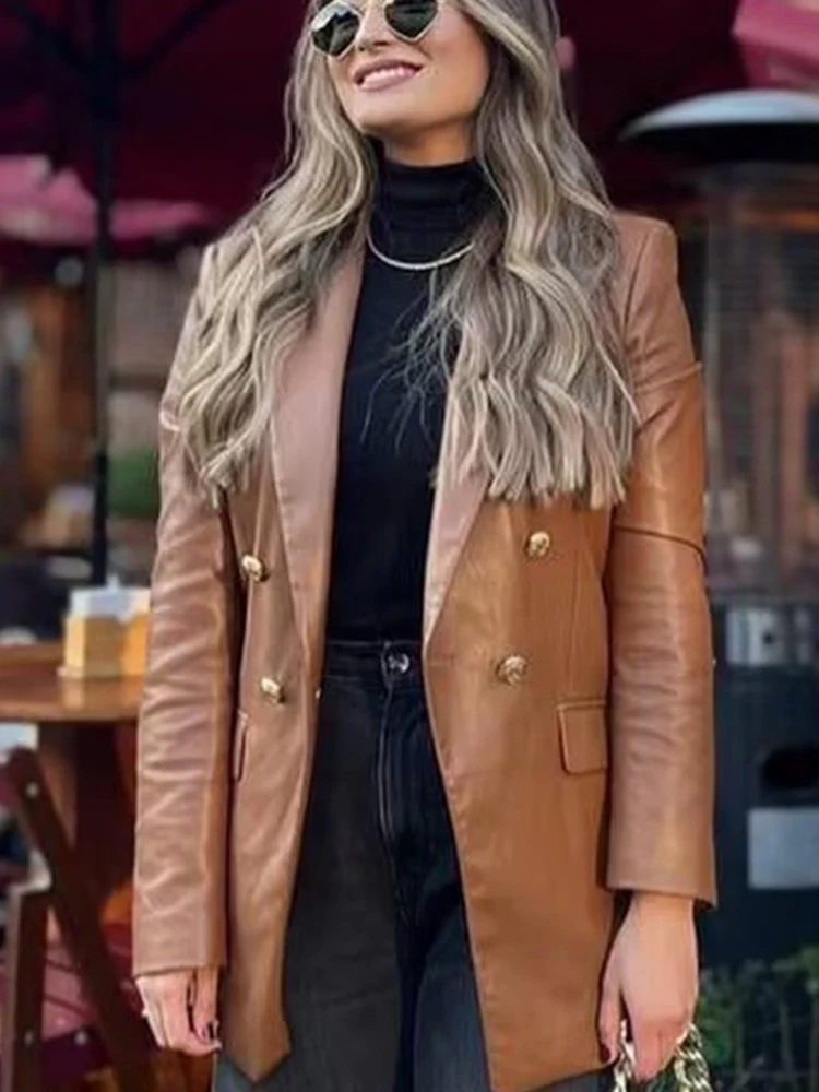 Office Ladies Faux Leather Jacket Versatile Fashion Commuting Coat Solid Turn Down Collar Long Sleeves Slim Fit Women Streetwear