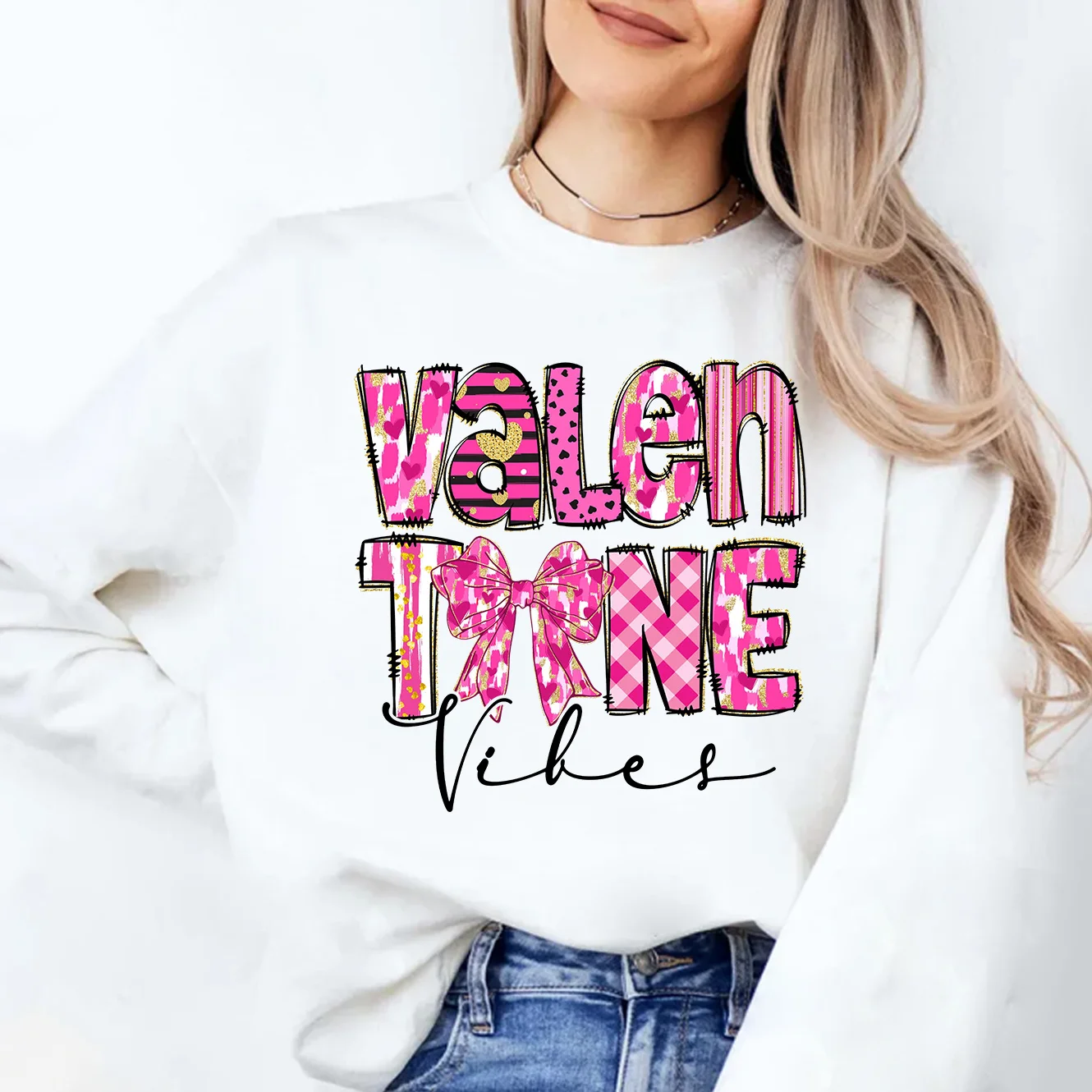 Valentine Vibes Bow Sweatshirts Fall & Winter Long Sleeve Round Neck Pullover Women Sweatshirt