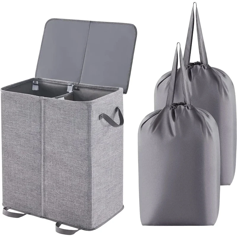 1pc 136L Double Laundry Hamper With Lid And Removable Laundry Bags  Divided Basket With Handles Large Separated Clothes Bas Grey