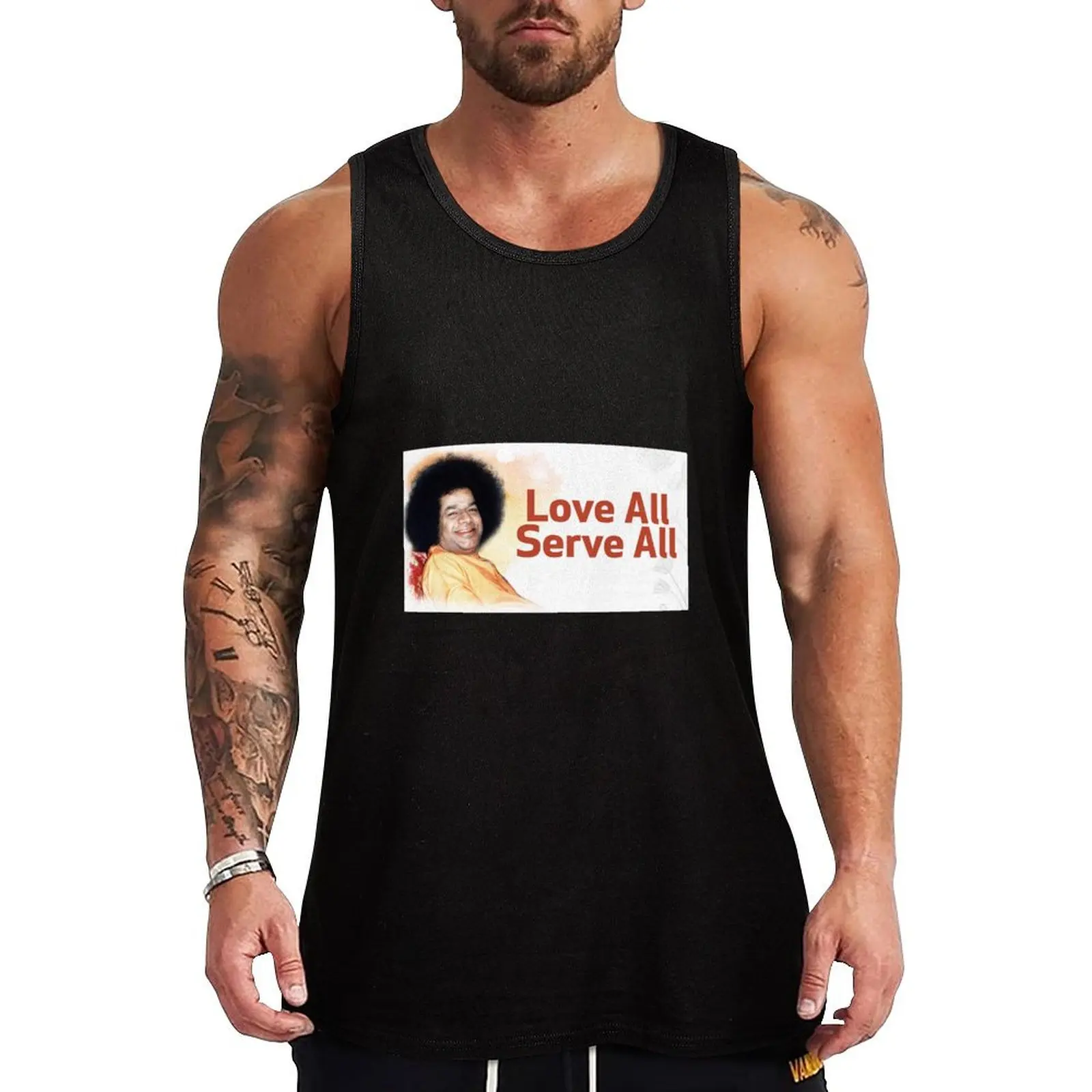 

Sathya Sai Baba Love All Serve All Tank Top Modern Print Tank Top Contemporary Graphic Shirt