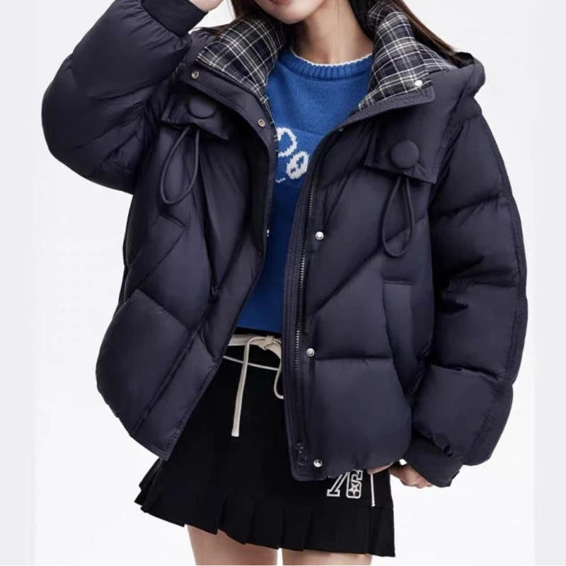 Hooded Quilted Padded Coat Plaid Lining Drawstring Winter Warm Thick Loose Casual Outerwear Cute Basic Women's New Bread Coats