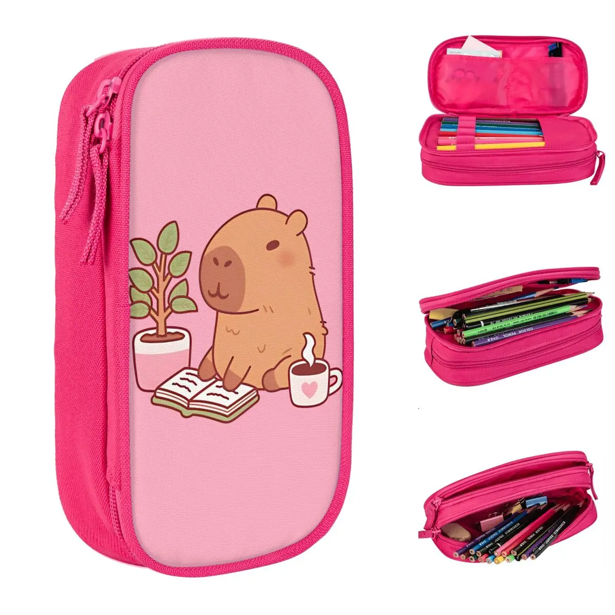 Cute Capybara Enjoying A Good Read And Coffee Pencil Cases Pen Bags Girl Boy Large Storage School Supplies Cosmetic Pencilcases