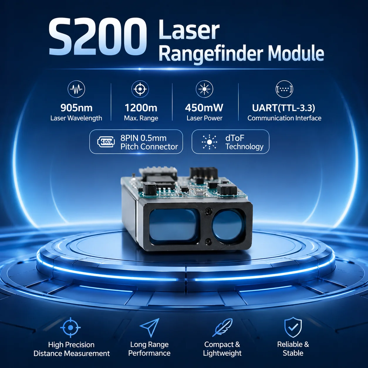 XD-S200S 1200m Laser Rangefinder Sensor for Robotics SLAM Navigation Obstacle Avoidance DToF 905nm Optical Vision System