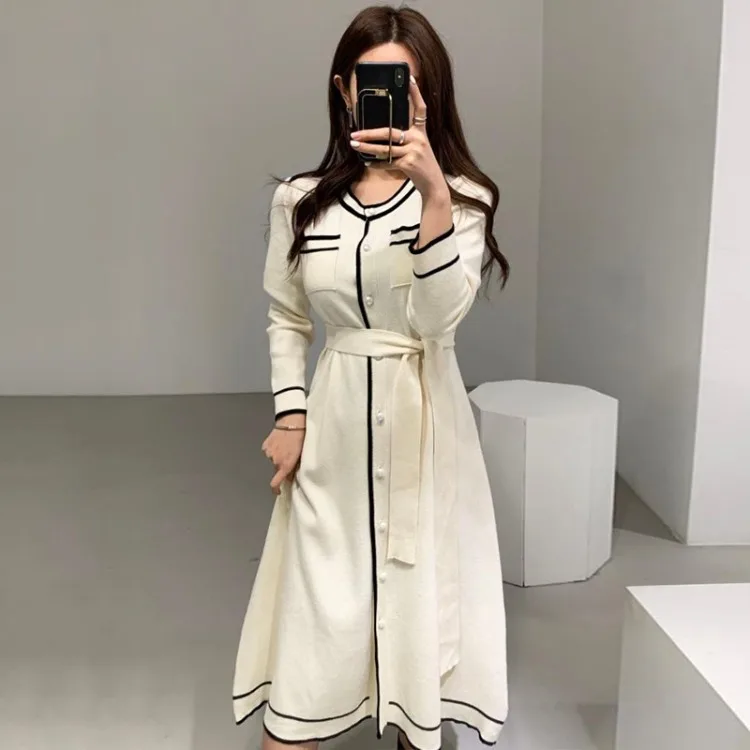 Temperament Contrasting Colors Vintage Maxi Dresses for Women Sweater Belt Waist Loose Autumn Vestidos De Mujer Lady Knitted