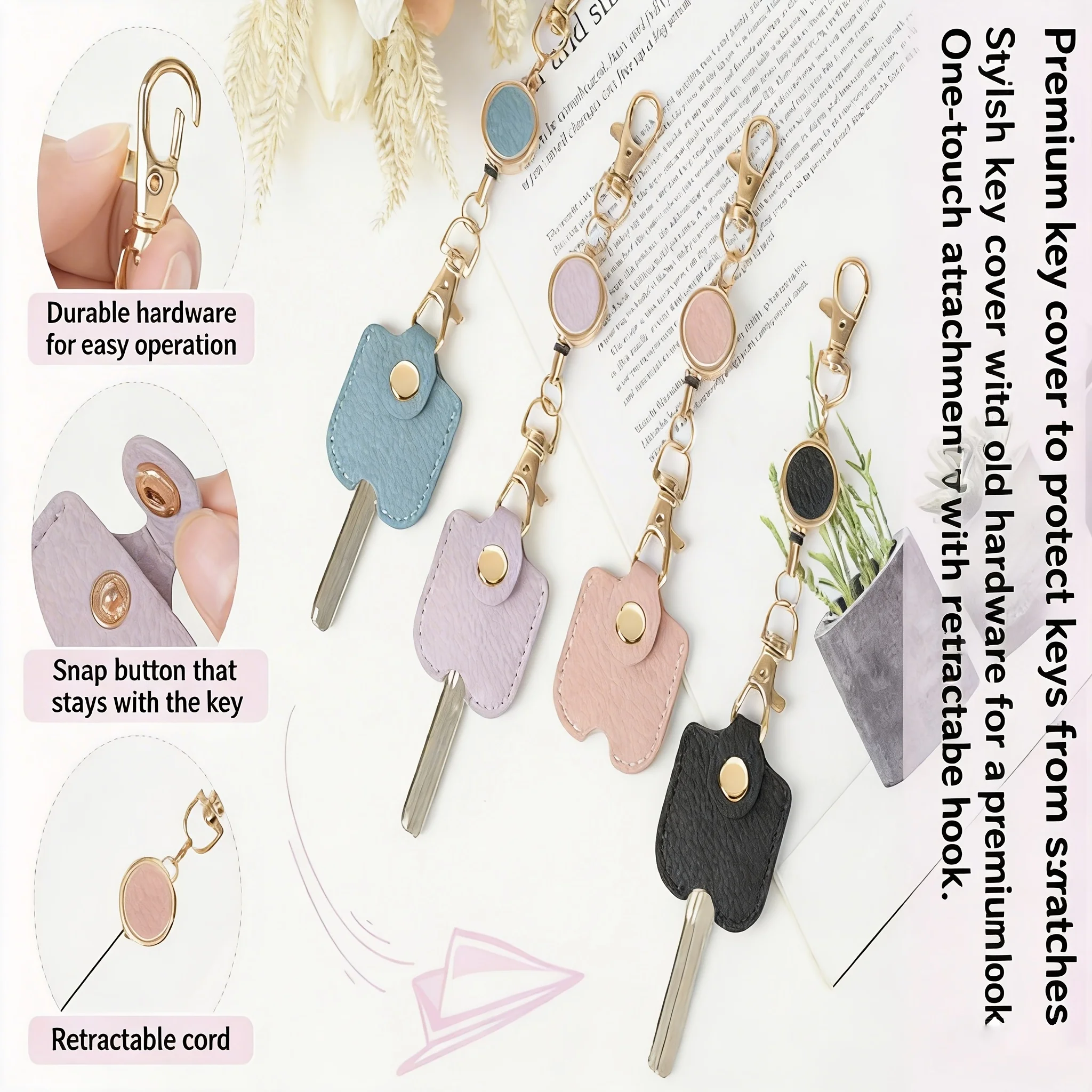 Cute Portable Retractable Keychain for Women 11.81 Inch Elastic Anti Loss Key Ring with Gold Metal Buckle for ID and Car Keys - view 2