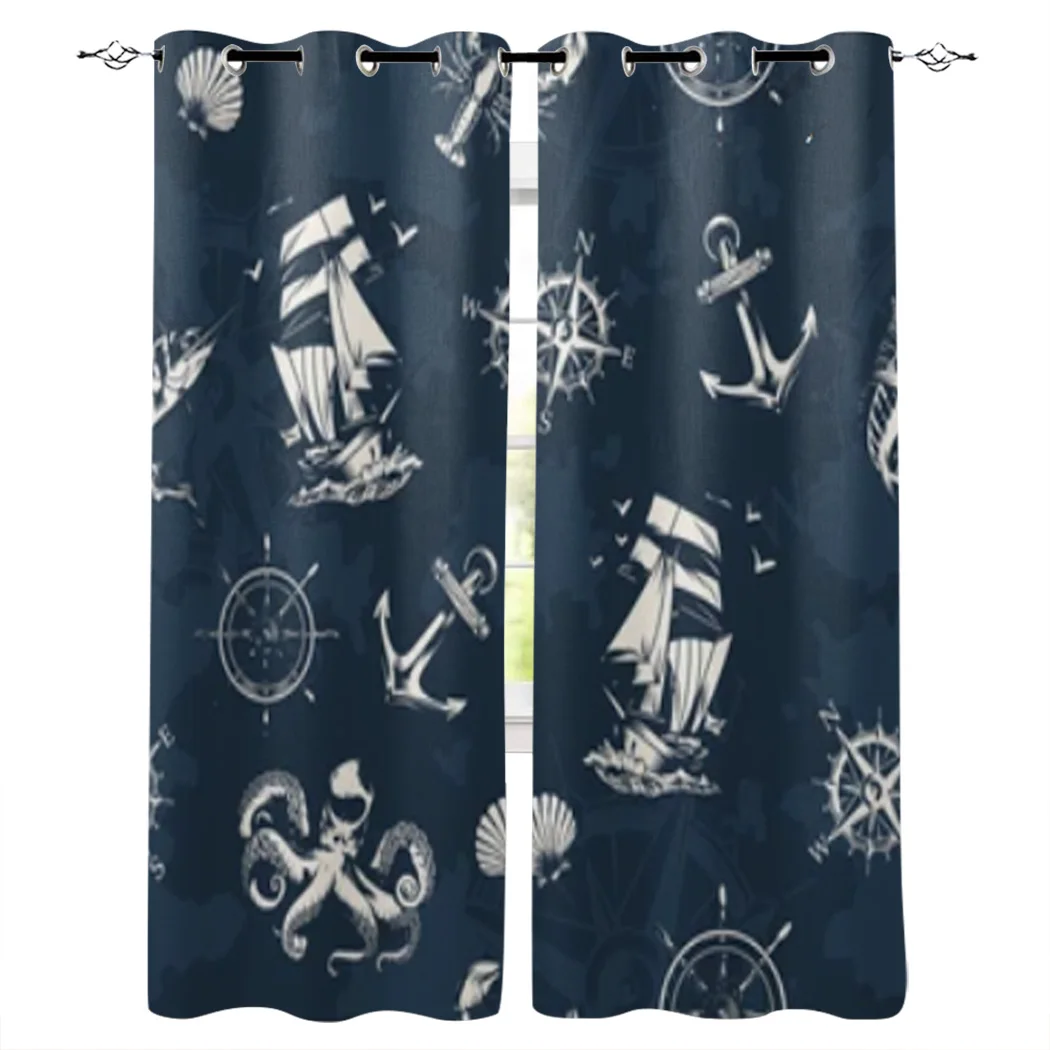 Sailboat Octopus Helm Anchor Curtains For Living Room Bedroom Elegant Curtains For Kitchen The Room Window Treatments Drapes