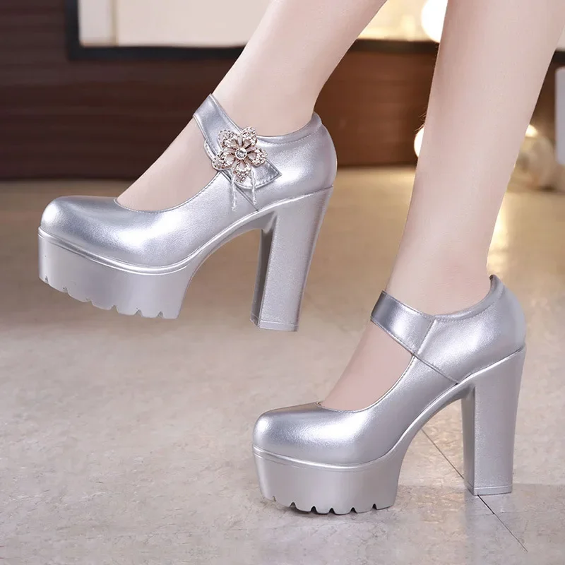 Small Size 32-43 Soft Leather Silver White Wedding Shoes Bride 2024 Women\'s Block High Heels Shoes Platform Pumps Model Party