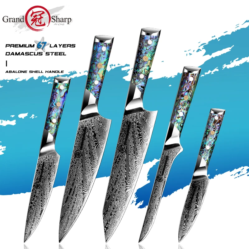 

Grandsharp 1-5Pcs Damascus Steel Kitchen Knive Set AUS10 Chef Knife Kiritsuke Boning Utility Paring Knife Abalone Shell Handle