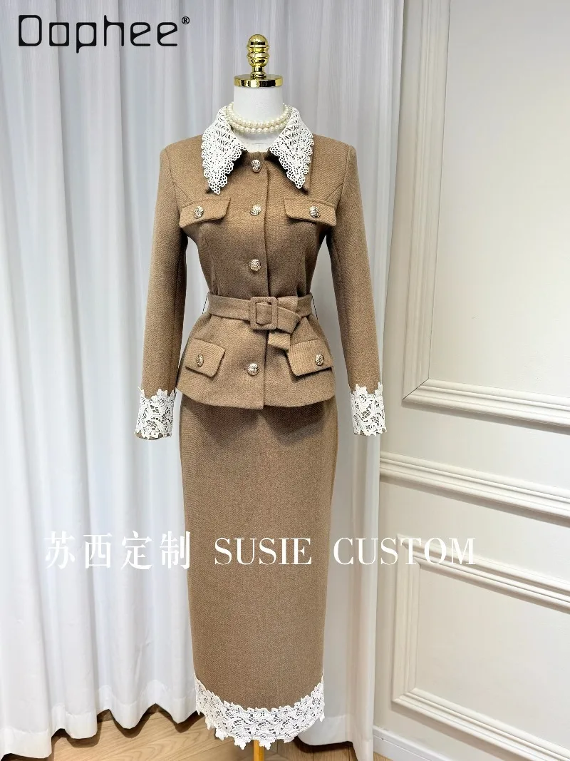 

Высококачественный элегантный ремень с кружевной отделкой и карманами с металлической пряжкой, тонкий топ с высокой талией, тонкая длинная юбка, шерстяной костюм, французские светские наряды