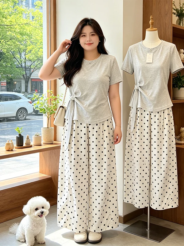 

Summer New Style Slimming Casual Polka Dot Wide Leg Pants Set Women's High Waist Asymmetric Top Bottoms Ensemble Fashionable