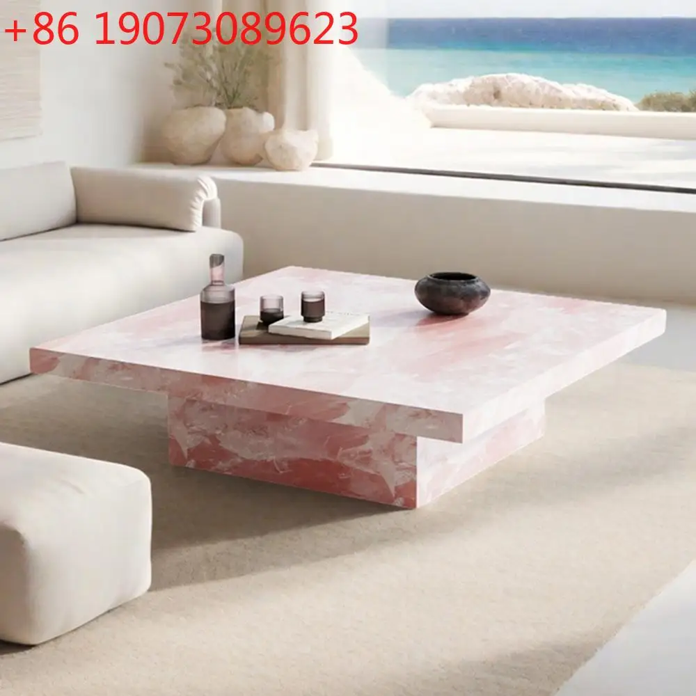 "Pink Jade Marble Coffee Table - Luxury Stone Square Tea Table,