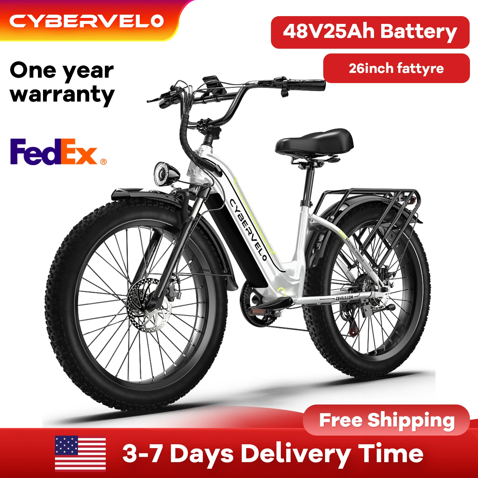 

26" City Commuter for Adult, 1000W Peak Motor 48V 25ah Detachable Battery, 7-Speed Shift Step-Thru Electric Bike EK7 & New EK10