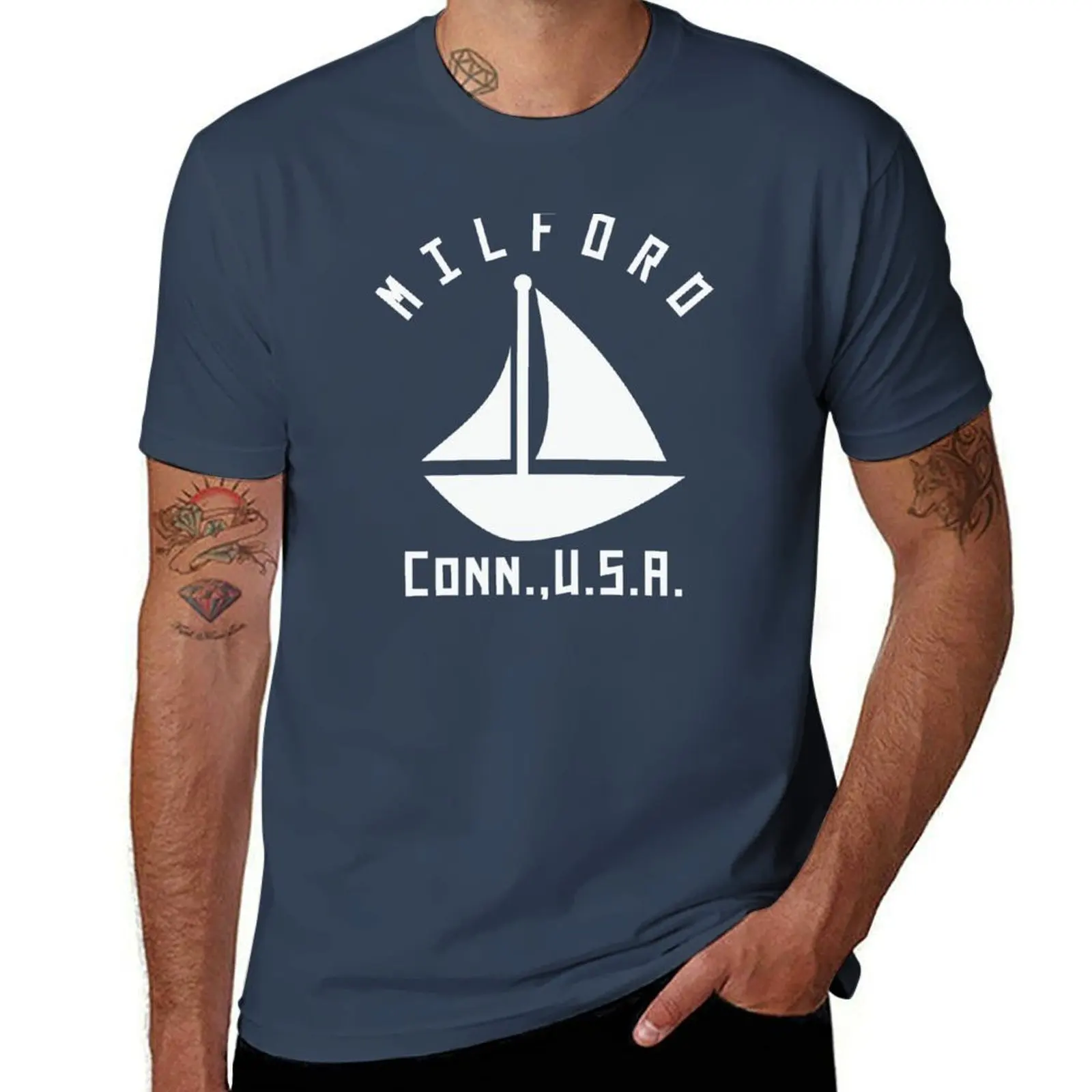 Milford Connecticut Sailing / Boating - White Text - Abstract / Minimalist T-Shirt Blouse men clothings