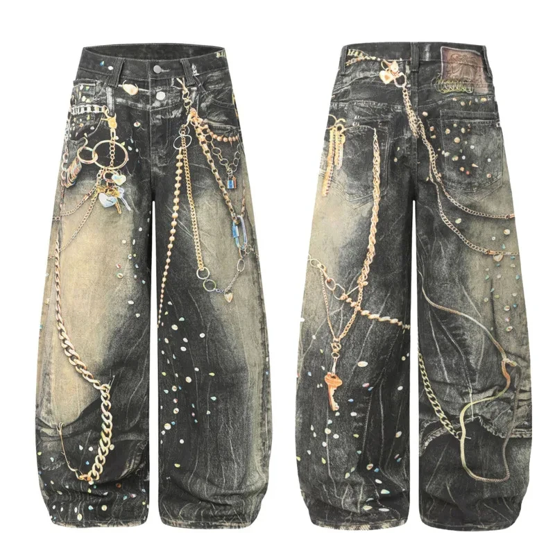 Avant-Garde Men's Jeans Metal Chain Rhinestone Printting Embellished Washed Black Wide Leg Fit Streetwear Pants view 6