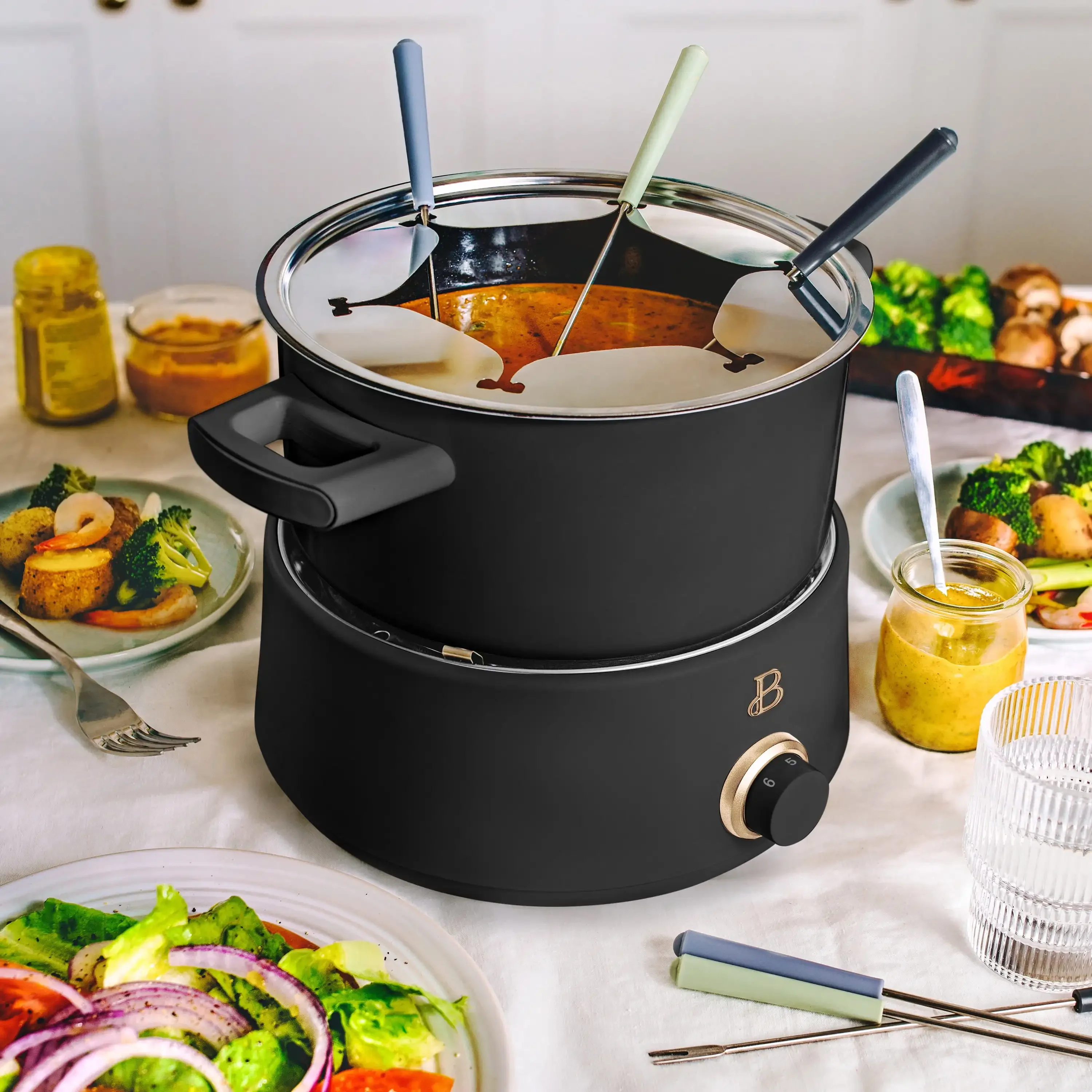 Beautiful 3 qt Electric Fondue Set with Bonus 2 qt Ceramic Pot, White Icing by Drew Barrymore