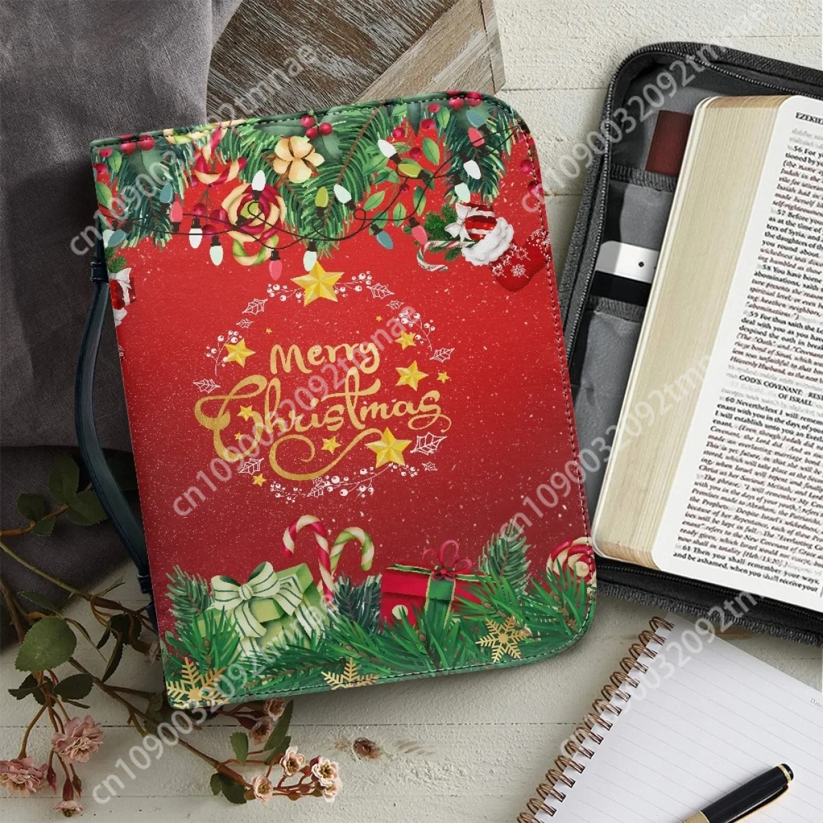 

Christmas Decoration Blessing Words Women's Custom Holy Bible Bag for Ladies Pu Leather Zippered Book Holy Boxes Gifts Handbags