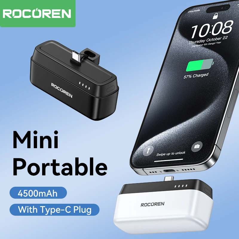 Rocoren 4500 mAh Power Bank mit USB Typ C Stecker Ständer Mini Powerbank für iPhone 15 Pro Max
