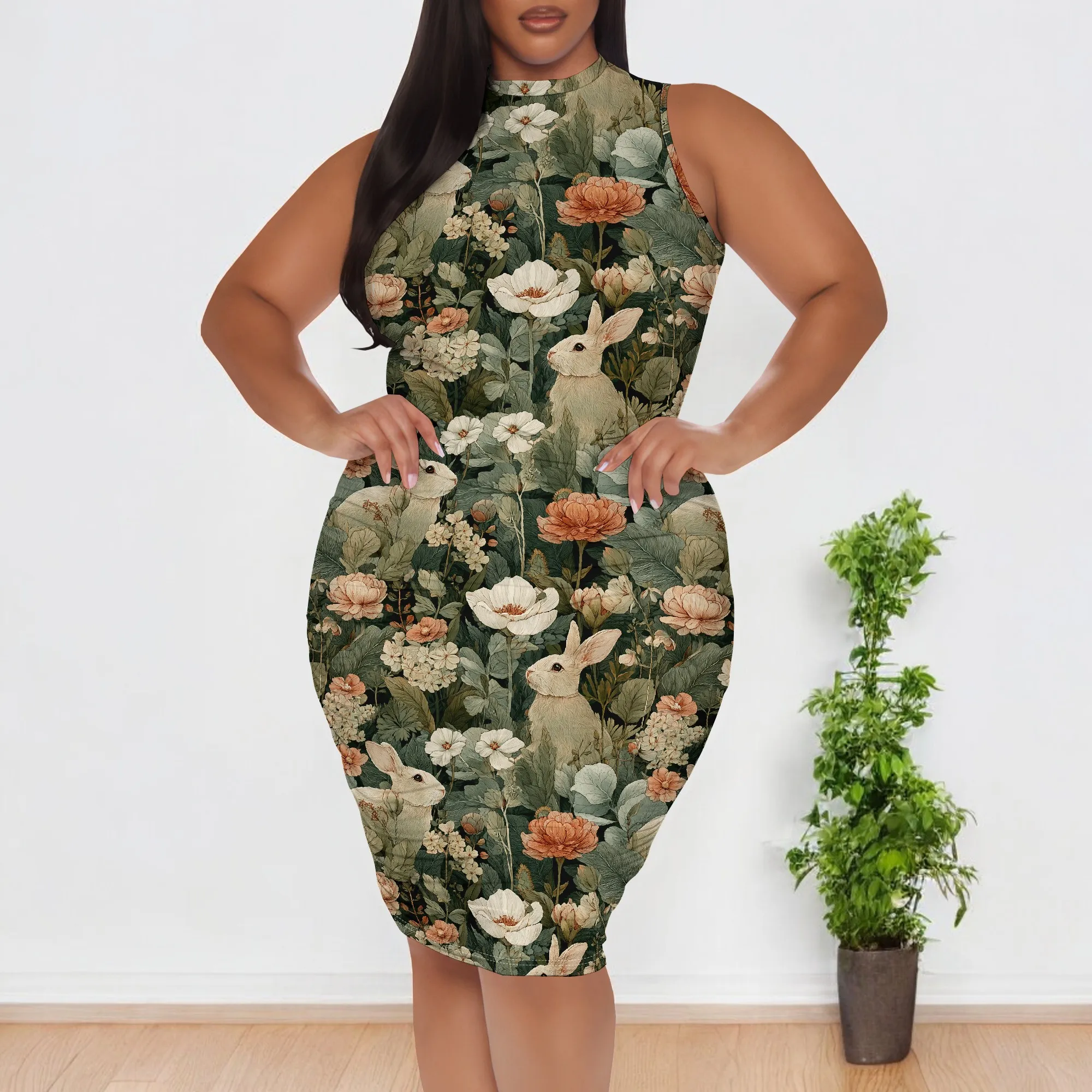 

Plus Size Bunny Floral Print Dress XL-6XL Vintage Garden Style Sleeveless Fit for Easter or Fall Gathering