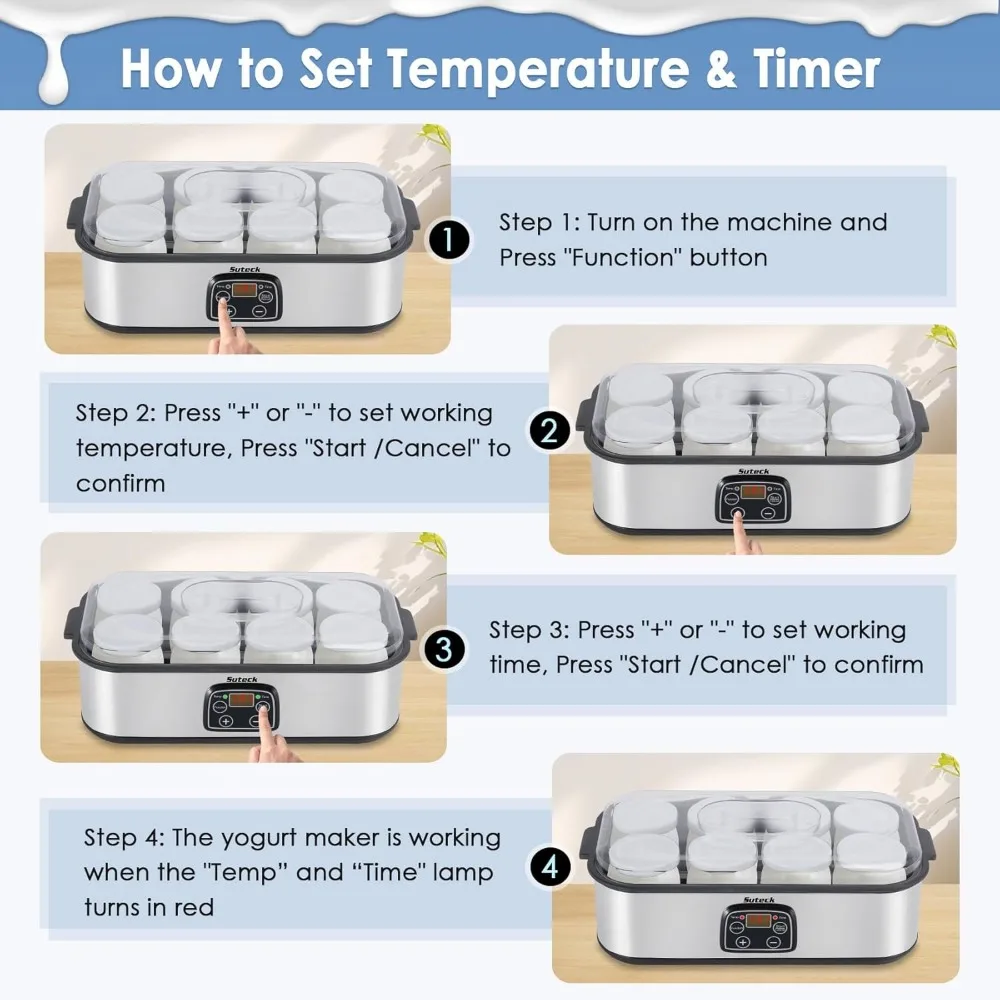 ماكينة صنع الزبادي الرقمية الأوتوماتيكية مع 8 برطمانات زجاجية 48 أونصة (6 أونصة لكل جرة) شاشة LCD مع تحكم ثابت في درجة الحرارة