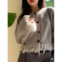 Vintage Simple O Neck Gradient Striped Sweaters Women 2022 Cropped Tassel Cardigans Jumpers Knit Coat Sueters Mujer Pull