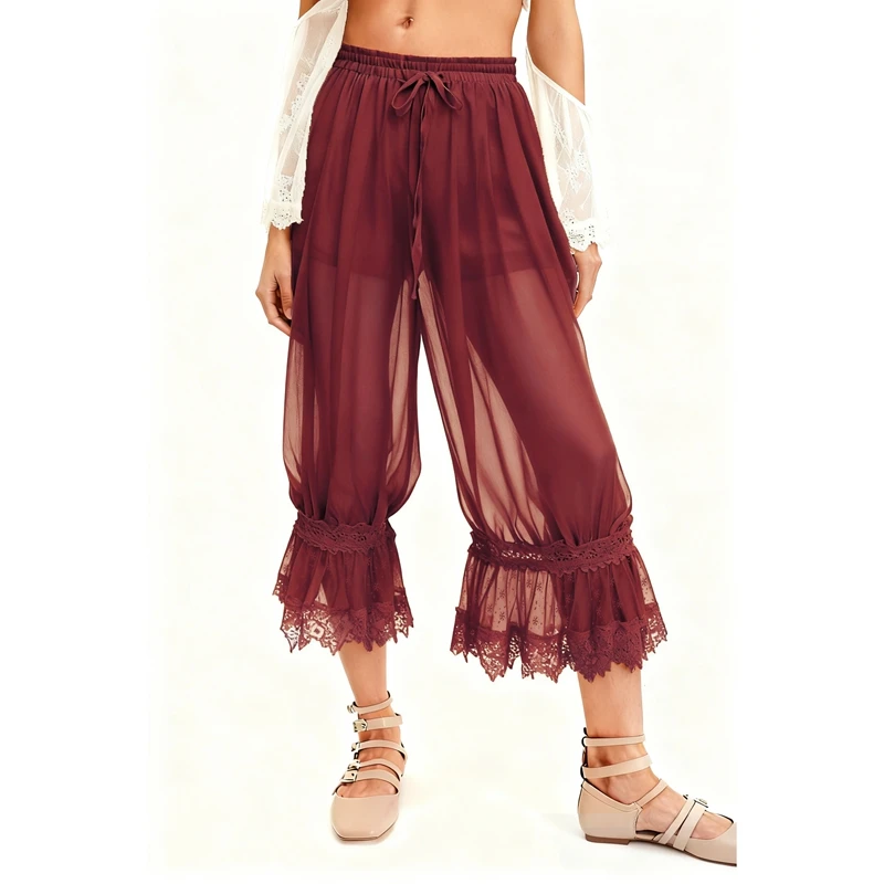 Women Ruffle Long Bloomers Y2K Sheer Ruffle Lace Patchwork Drawstring Pettipants Cropped Flare Slips Pants Streetwear