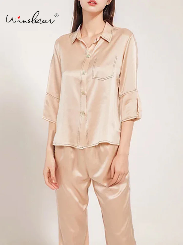 

Winsleter,Women 3/4 Sleeve Pants,Casual Comfortable Thin Homewear,19MM 100%Real Silk Pajama Set,2024 Summer Fall S46129QC